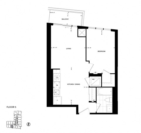 Floor plan for 1 bed, 1 bath, 572 sqft